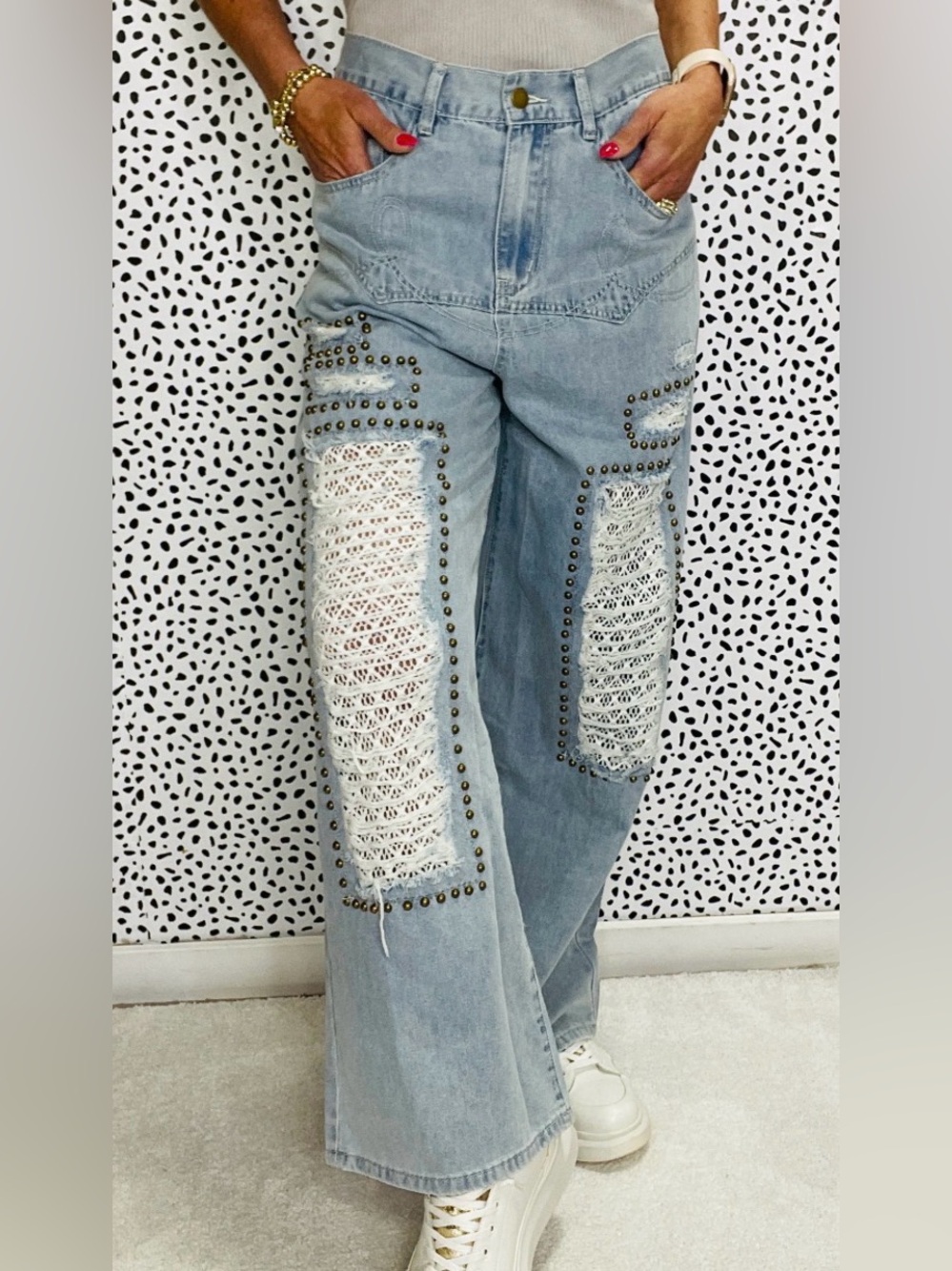 POL Jamie light wash denim patchwork and lace pants